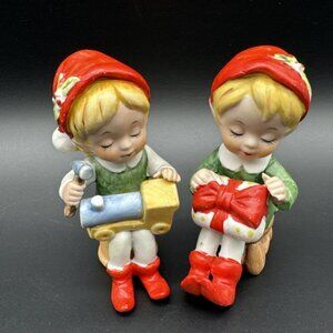 Vintage Taiwan Ceramic Christmas Santa's Pixie Elf Candy Cane Gift Figurines Set